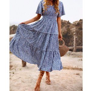 Ditsy Floral Shirred Flutter Sleeve Ruffle Hem Dress